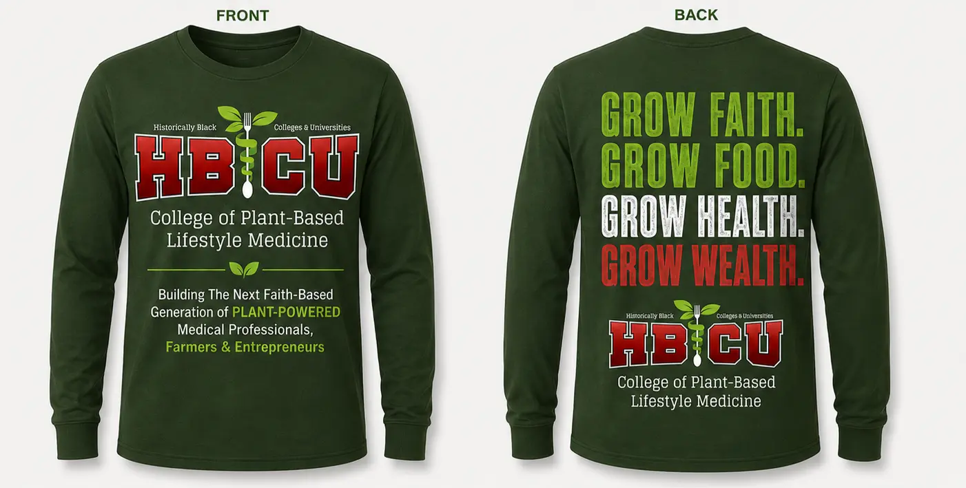 HBCU College of Plant-Based Lifestyle Medicine long sleeve fundraiser t-shirts, front and back
