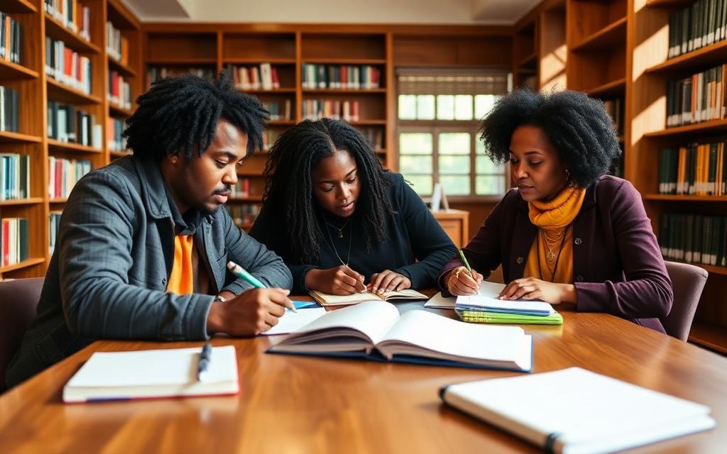 Students studying together in a campus library