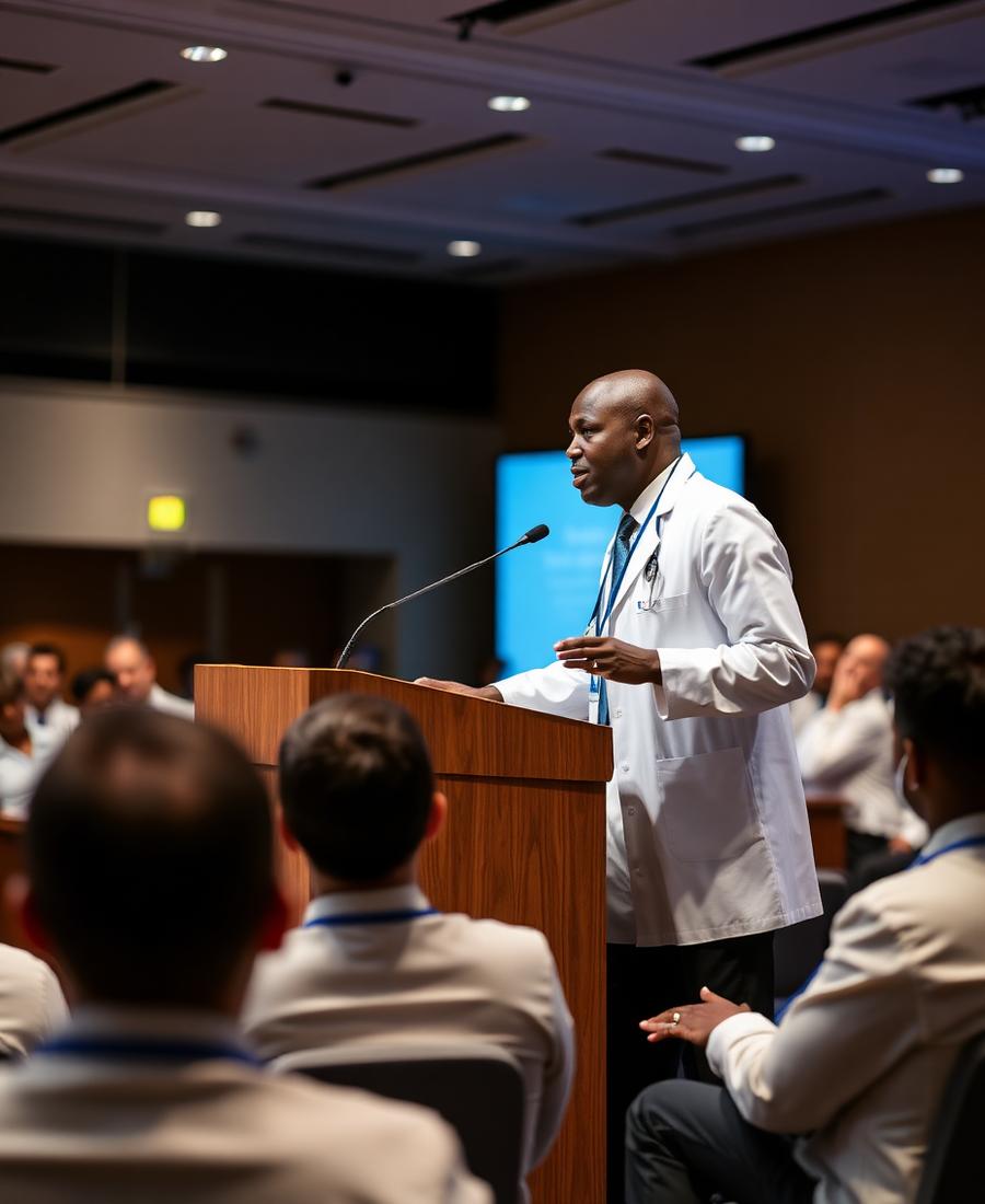 Physician speaking at a CME conference podium