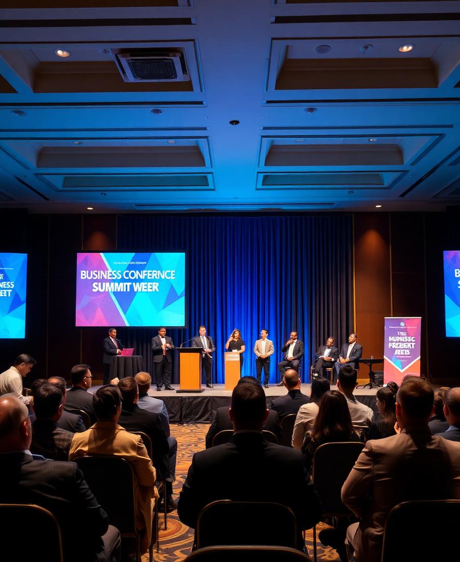 Speakers on stage at a summit in a hotel ballroom