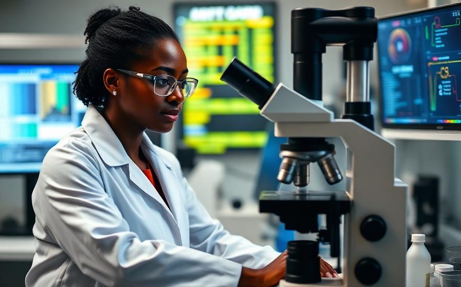 Researcher working at a microscope